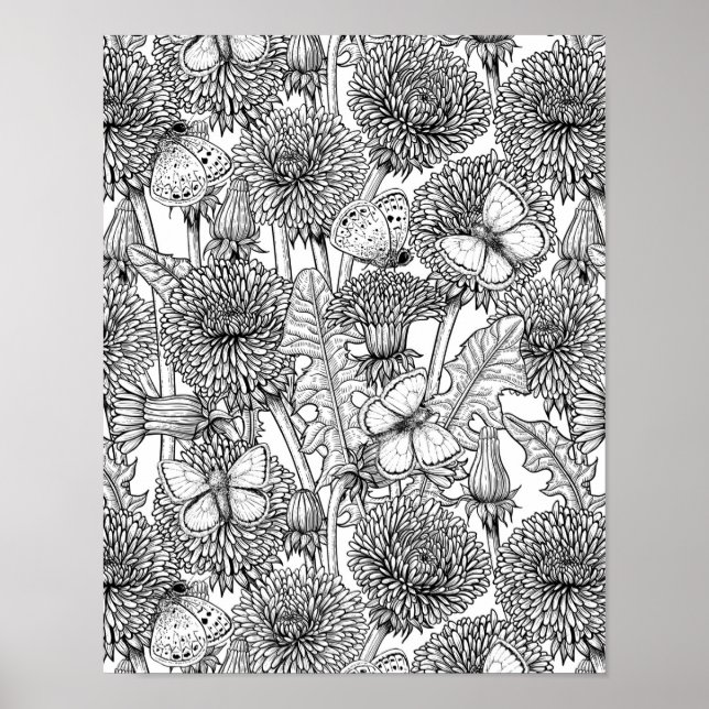 Dandelion meadow in black and white poster (Front)