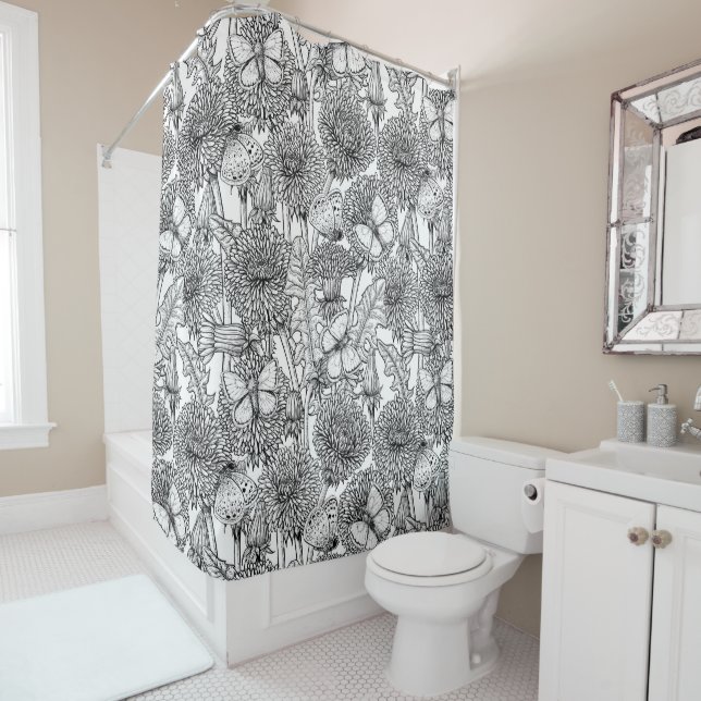 Dandelion meadow in black and white shower curtain (In Situ)