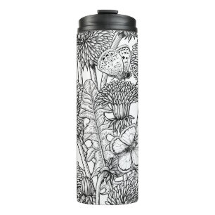 Dandelion meadow in black and white thermal tumbler