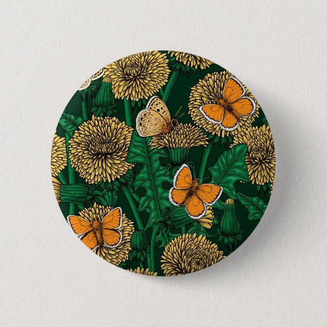 Dandelion meadow on dark green 6 cm round badge (Front)