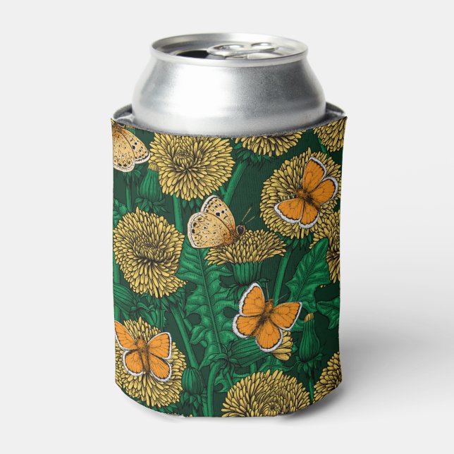 Dandelion meadow on dark green can cooler (Can Front)