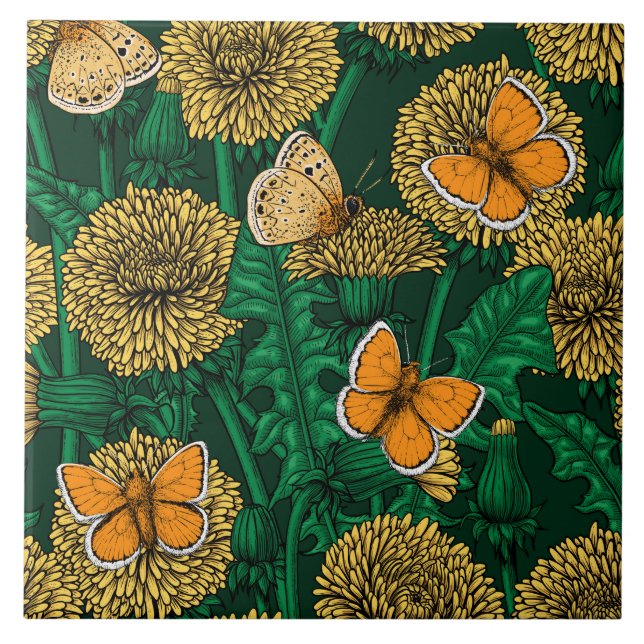 Dandelion meadow on dark green ceramic tile (Front)