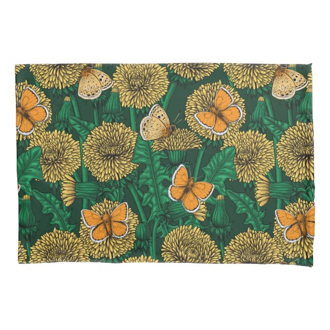 Dandelion meadow on dark green pillowcase (Front)