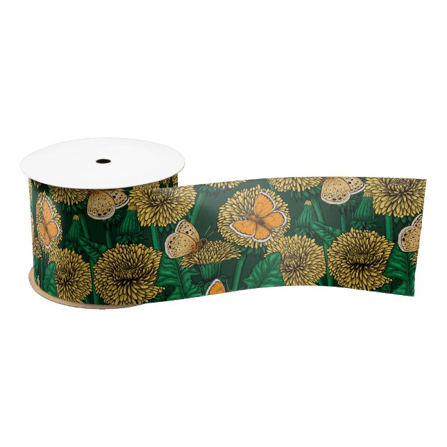 Dandelion meadow on dark green satin ribbon (Spool)