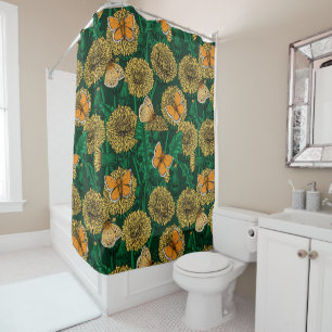Dandelion meadow on dark green shower curtain