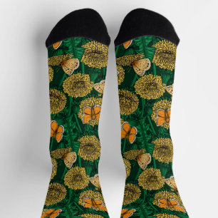 Dandelion meadow on dark green socks