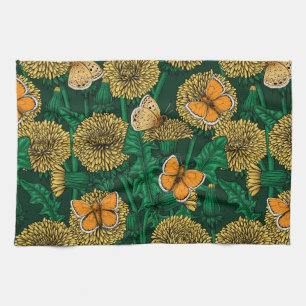 Dandelion meadow on dark green tea towel