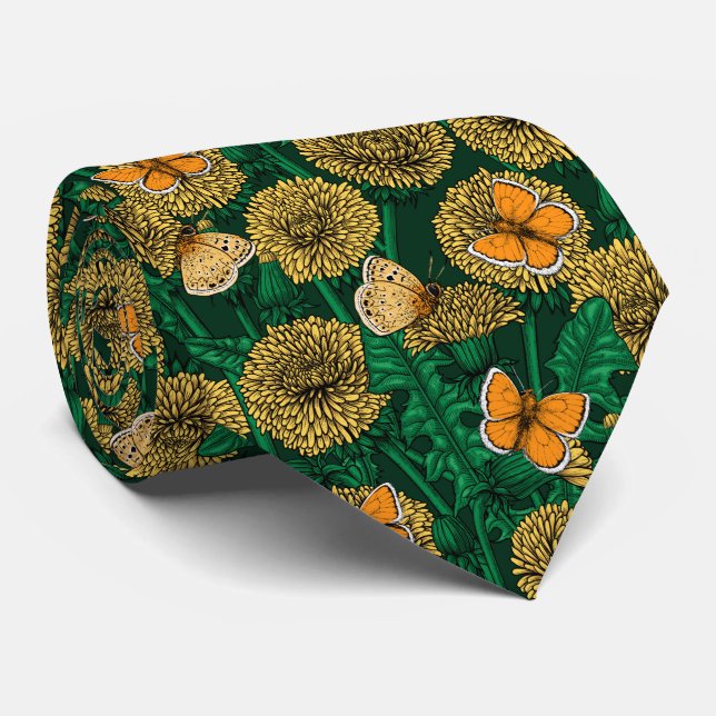 Dandelion meadow on dark green tie (Rolled)