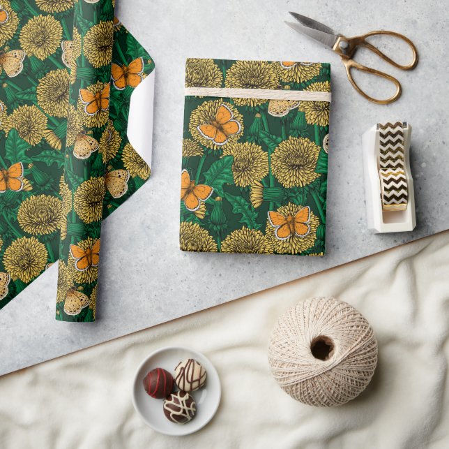 Dandelion meadow on dark green wrapping paper (Crafts)
