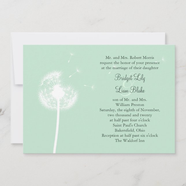 Dandelion on Mint Wedding Invitation (Front)