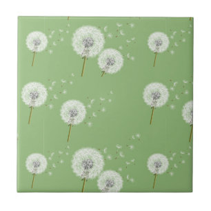 Dandelion Pattern on Green Background Ceramic Tile