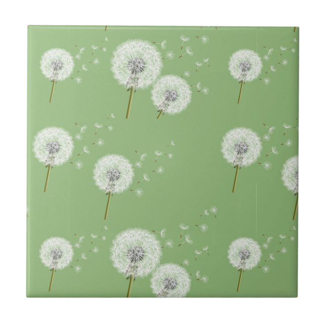 Dandelion Pattern on Green Background Ceramic Tile (Front)