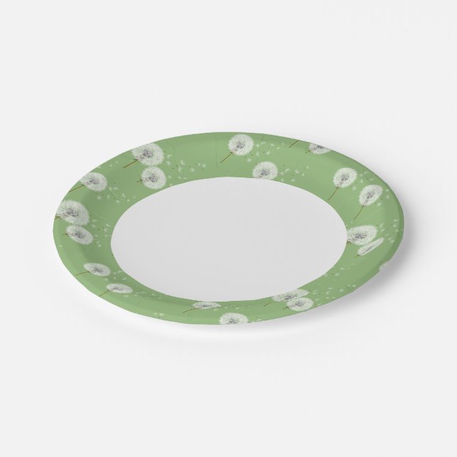 Dandelion Pattern on Green Background Paper Plate (Angled)