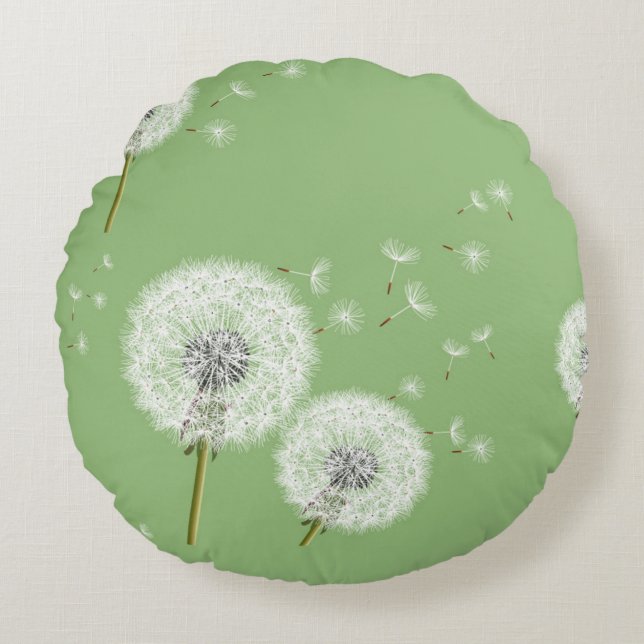 Dandelion Pattern on Green Background Round Cushion (Front)