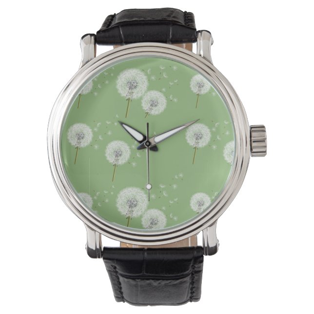 Dandelion Pattern on Green Background Watch (Front)