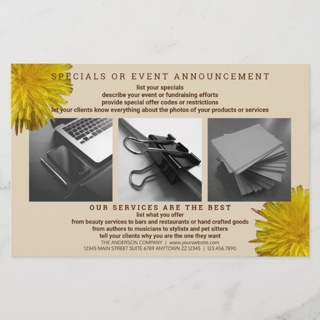 Dandelion Rustic Flower Simple Modern 3 Photo Flyer (Front)