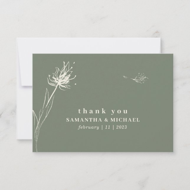 Dandelion sage green thank you wedding custom invitation (Front)