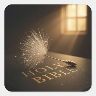 Dandelion Seedling with Water Droplets on a Bible  Square Sticker