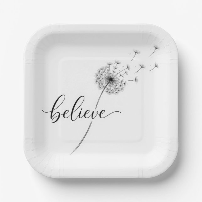Dandelion Seedlings with Believe Text Paper Plate (Front)