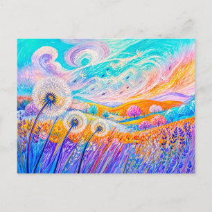 Dandelion seeds drifting in gentle wind postcard