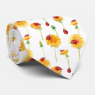 Dandelion Stems and Red Lady Bugs on White Tie