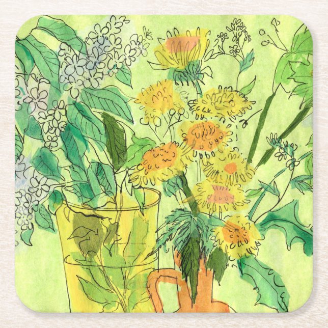 Dandelions Bird Cherry Summer Flowers Floral Art Square Paper Coaster (Front)