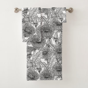 Dandelions, black and white bath towel set