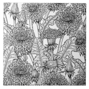Dandelions, black and white ceramic tile