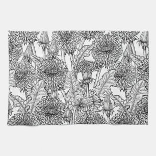 Dandelions, black and white tea towel