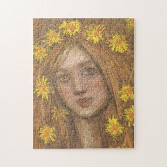 Dandelions Bloom, Blonde Girl and Flowers Painting Jigsaw Puzzle (Vertical)
