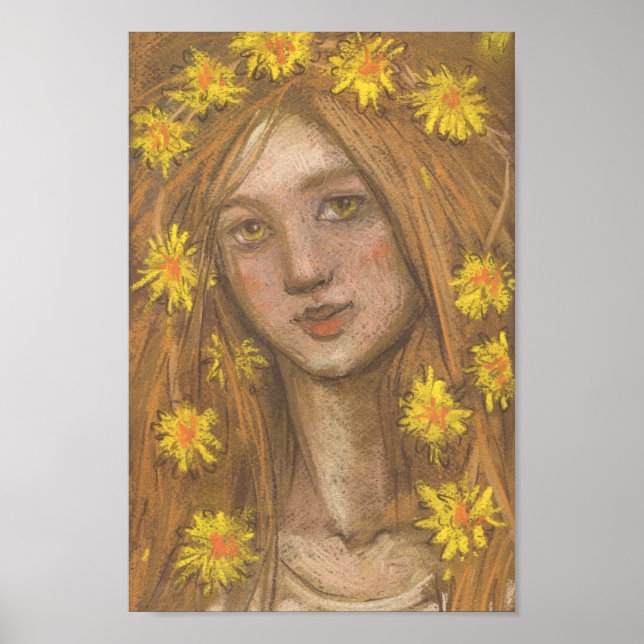 Dandelions Bloom, Blonde Girl and Flowers Painting Poster (Front)