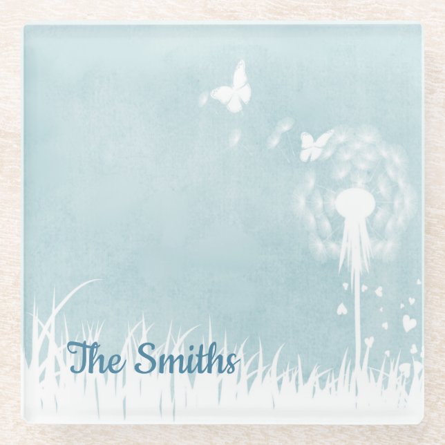 Dandelions, Butterflies & Blue Skies Glass Coaster (Front)