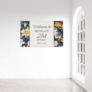 Dandelions Daisies Navy Blue 21st Birthday Welcome Banner