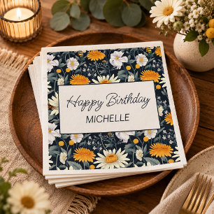 Dandelions Daisies Navy Blue Happy Birthday Name Napkin