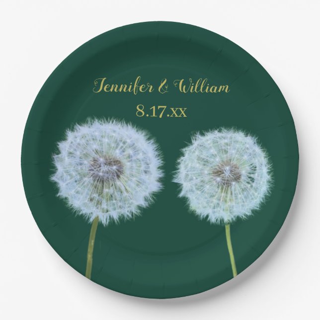 Dandelions, Dandelion Clocks Green Personalised Paper Plate (Front)
