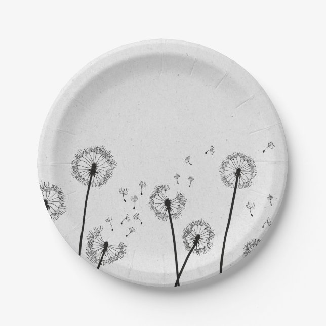 Dandelions Flowers Pappus Spores Grey Paper Plate (Front)