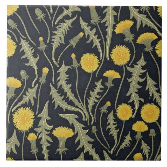 Dandelions, green, yellow and black ceramic tile (Front)