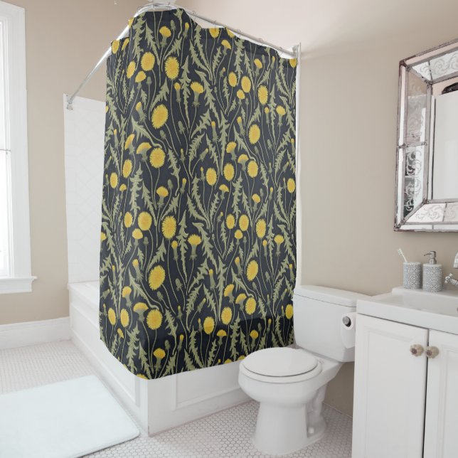 Dandelions, green, yellow and black shower curtain (In Situ)