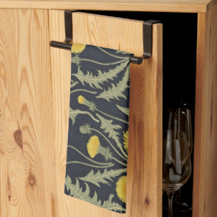 Dandelions, green, yellow and black tea towel