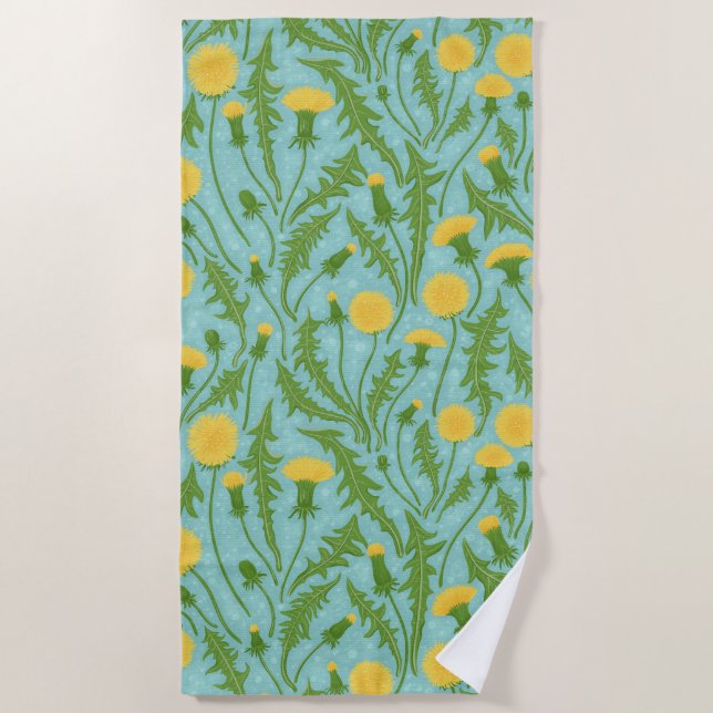 Dandelions, green, yellow and blue beach towel (Front)