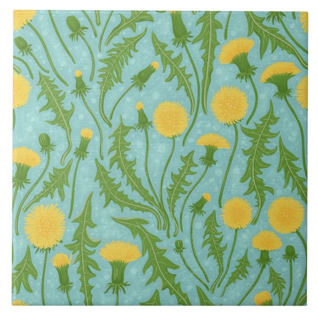 Dandelions, green, yellow and blue ceramic tile (Front)
