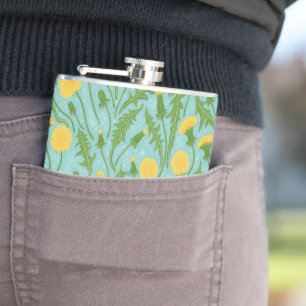 Dandelions, green, yellow and blue hip flask