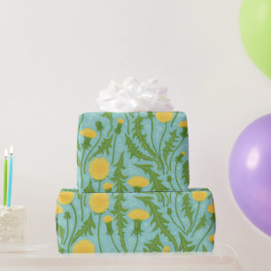 Dandelions, green, yellow and blue wrapping paper