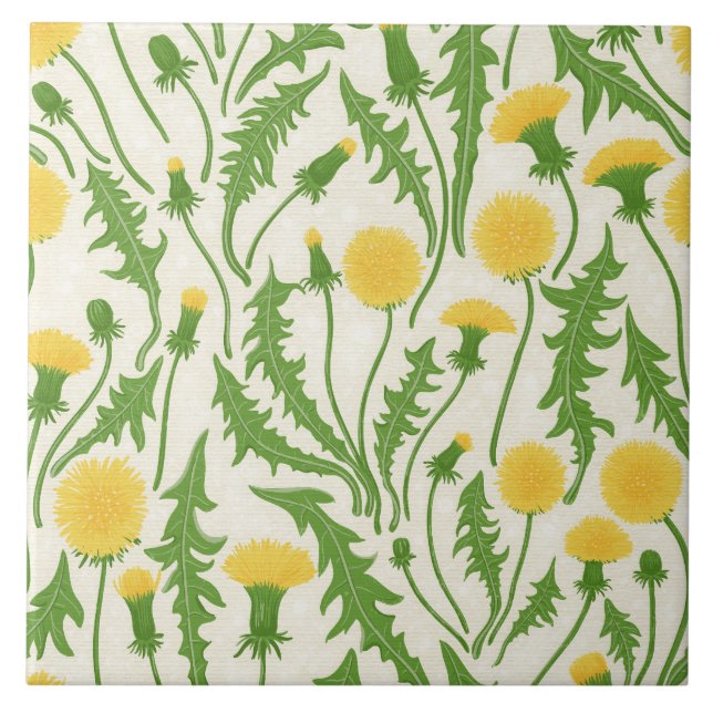 Dandelions, green, yellow and white ceramic tile (Front)