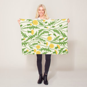 Dandelions, green, yellow and white fleece blanket