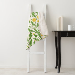 Dandelions, green, yellow and white sherpa blanket