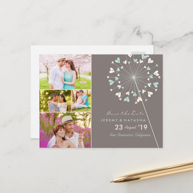 Dandelions Love Hearts 4 Multi Photo Save The Date Announcement Postcard (Front/Back In Situ)