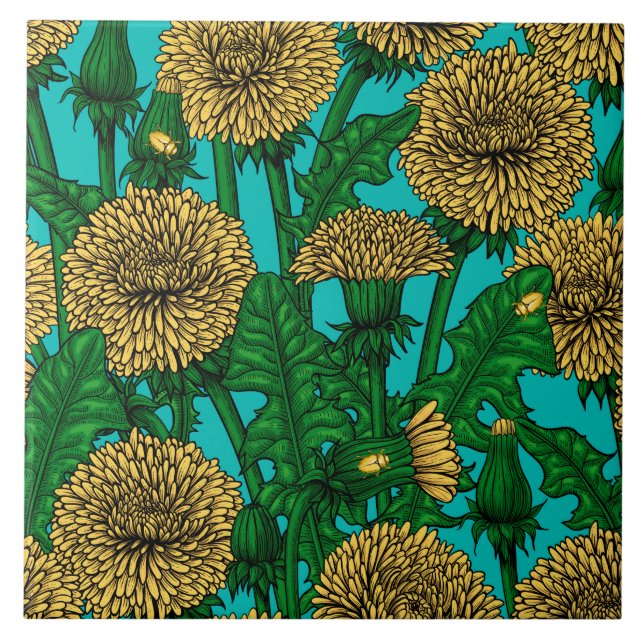Dandelions on turquoise ceramic tile (Front)