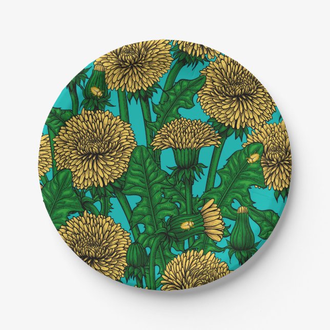 Dandelions on turquoise paper plate (Front)