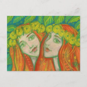 "Dandelions" pastel painting summer redhaired girl Postcard